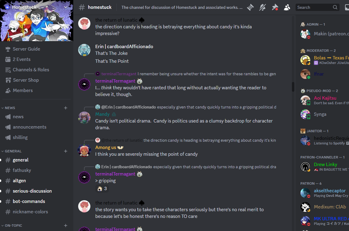 Screenshot of the Homestuck Discord server